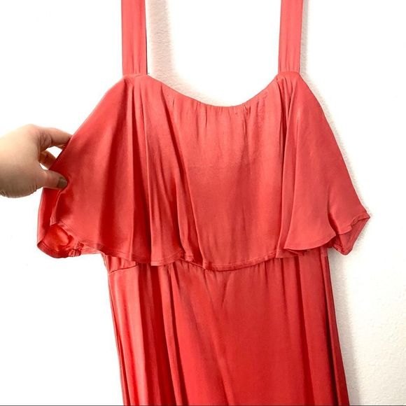 NWT Anthropologie Shelley Coral Orange Pink Satin Ruffle Slit Midi Dress - Picture 2 of 5
